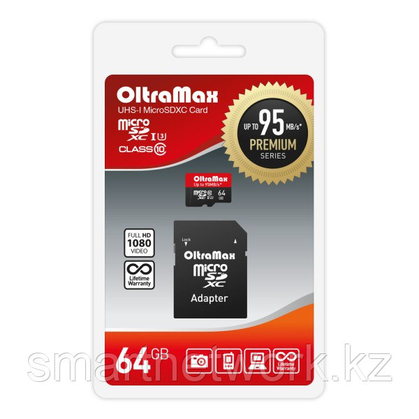 Карта памяти OltraMax 64GB microSDXC Class 10 UHS-1 Premium (U3) с адаптером SD 95 MB/s, шт - фото 1 - id-p115460104