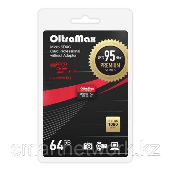 Карта памяти Oltramax 64GB microSDXC Class 10 UHS-1 Premium (U3) без адаптера SD 95 MB/s, шт - фото 1 - id-p115460105