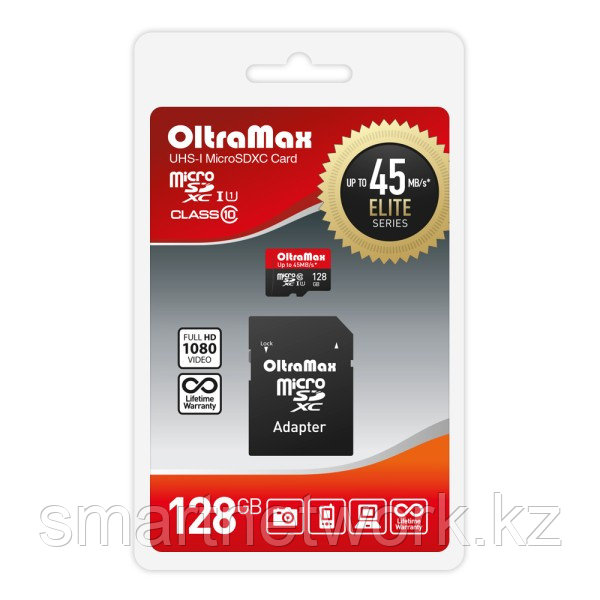 Карта памяти Oltramax 128GB microSDXC Class 10 UHS-1 Elite с адаптером SD 45 MB/s, шт