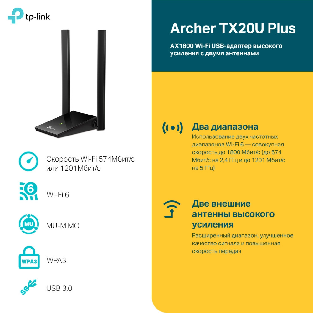 TP-LINK Archer TX20U Plus Беспроводной двухдиапазонный сетевой USB-адаптер AX1800, 802.11a/b/g/n/ac/ax, USB3.0 - фото 4 - id-p115484292