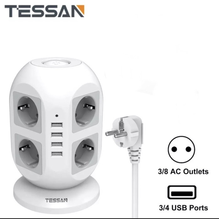 Tessan JW402 Сетевой фильтр 2м, 8 розеток, 4 USB, 2 кнопки питания, серый - фото 2 - id-p115484370