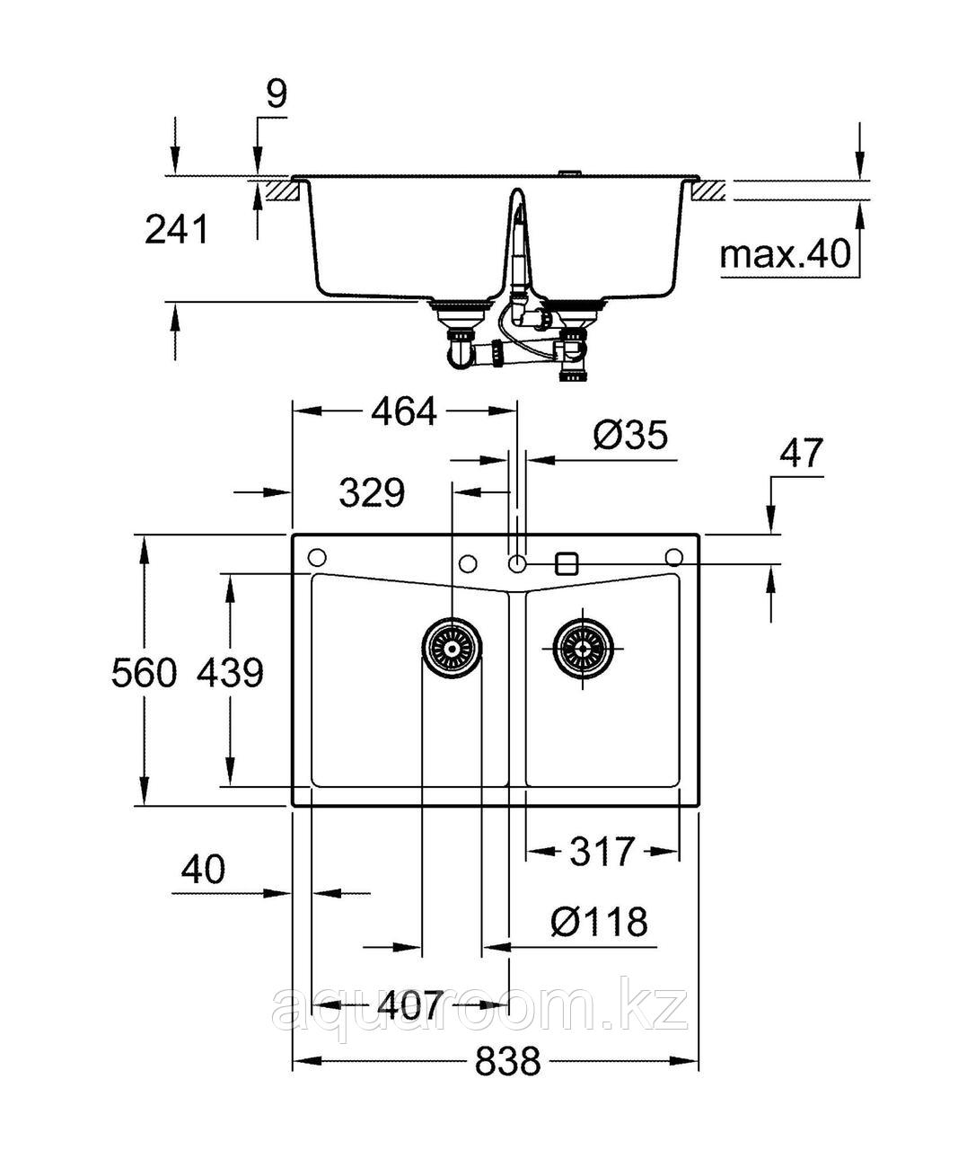 Мойка GROHE K700 с 2 чашами, 838 x 559 мм,черный гранит GROHE 31657AP0 K700 90-C 83.8/55.9 2.0 - фото 3 - id-p115498966