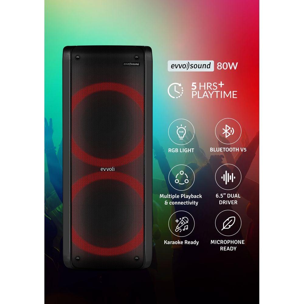 Evvoli Portable Party Speaker Bluetooth With Two Wireless MIC And Colorful LED Dazzled Lights 80W - - фото 3 - id-p115510955