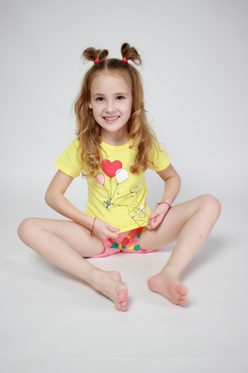 Пижама с коротким рукавом и шортами или брюками для девочки гамма желтый голубой - фото 3 - id-p115512144