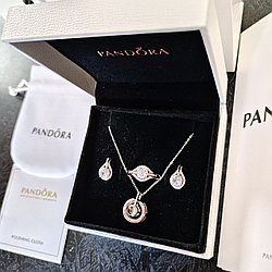 Серебряный комплект Cердце Пандоры, цепочка, кулон, кольцо и серьги Pandora пандора