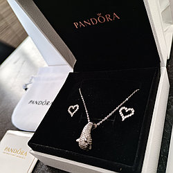 Серебряный комплект "Пантера" Pandora Цепочка, кулон и Серьги, 925 серебро