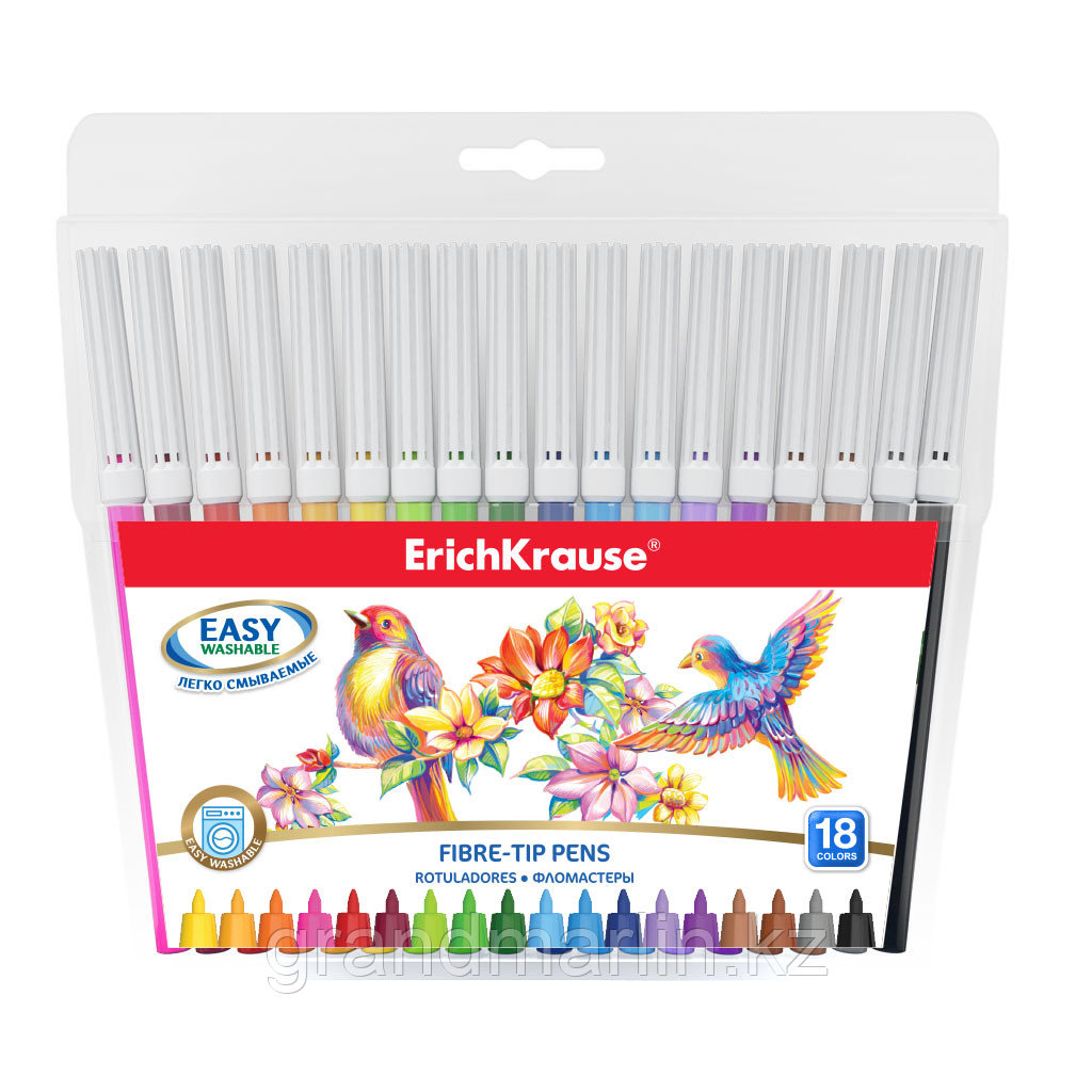 Фломастеры ErichKrause Easy Washable 18 цветов (в футляре с европодвесом 18 шт), фото 1