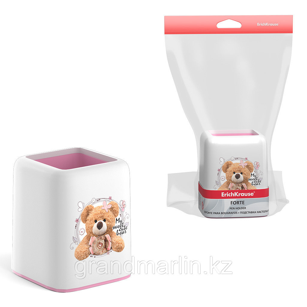 Подставка настольная пластиковая ErichKrause® Forte, Teddy Bear, белая с розовой пастельной вставкой