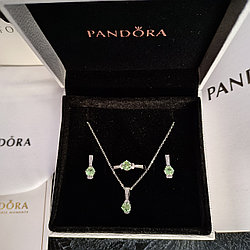 Серебряный комплект украшений кольцо, серьги, кулон, цепочка "Хюррем" с зелеными серебро 925, пандора, Pandora