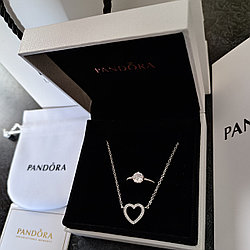 Серебряный комплект "Сердце" белый, колье и кольцо, пандора Pandora