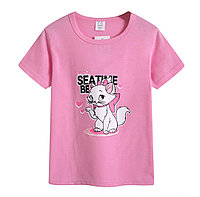 Розовая футболка для девочек с кошкой 130 см