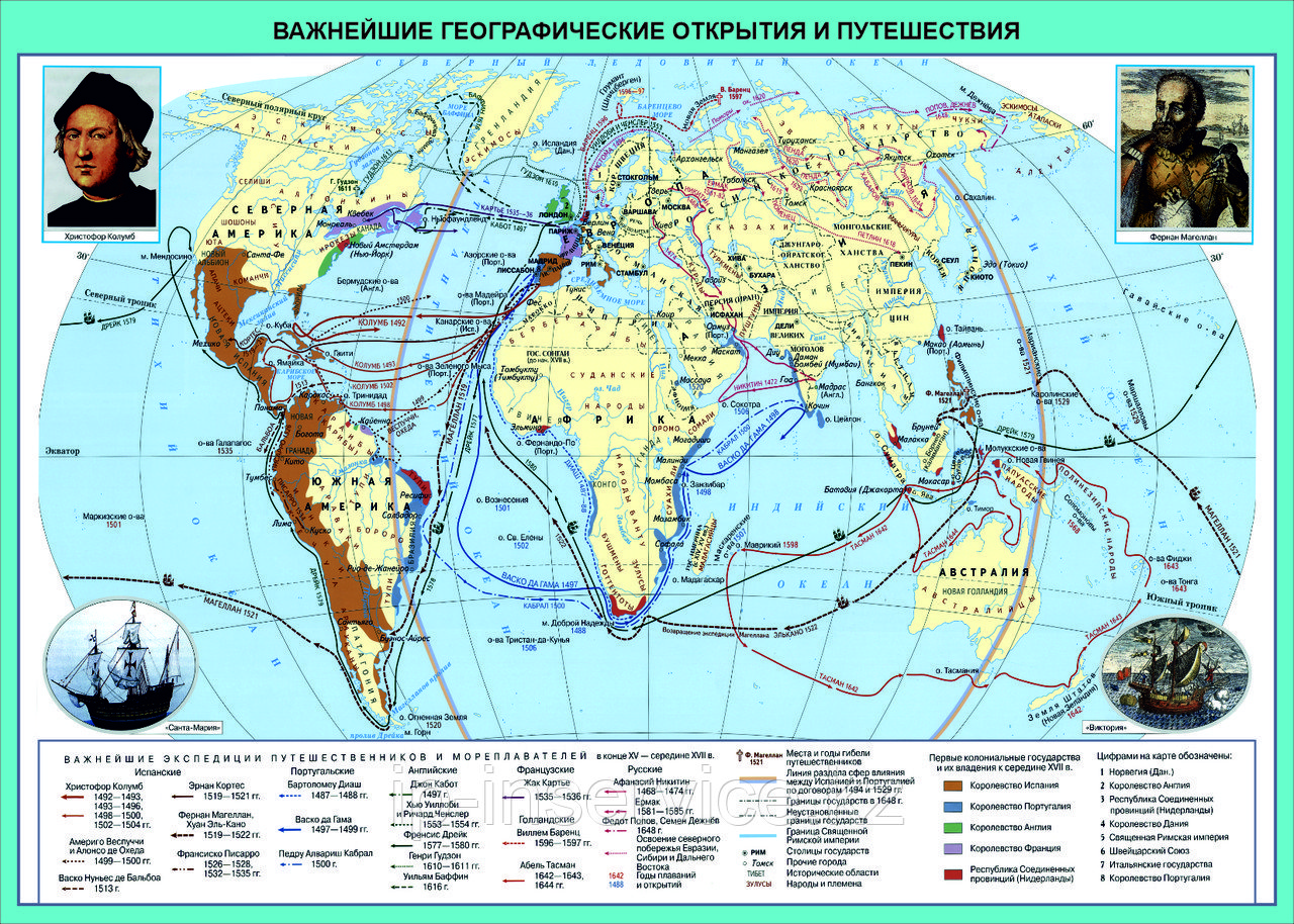 Карта  Важнейшие географические открытия и колониальные захваты 15-17 век