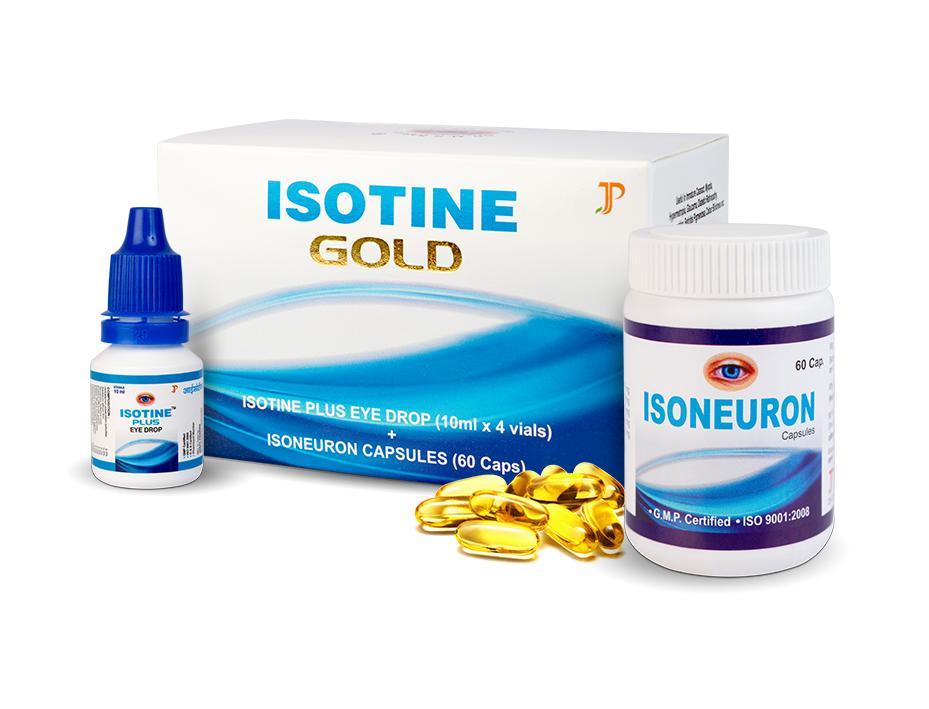 Айсотин Голд набор ( Isotine Gold Jagat Pharma ) Глазные капли 4х10 мл + 60 капсул - фото 1 - id-p115599936