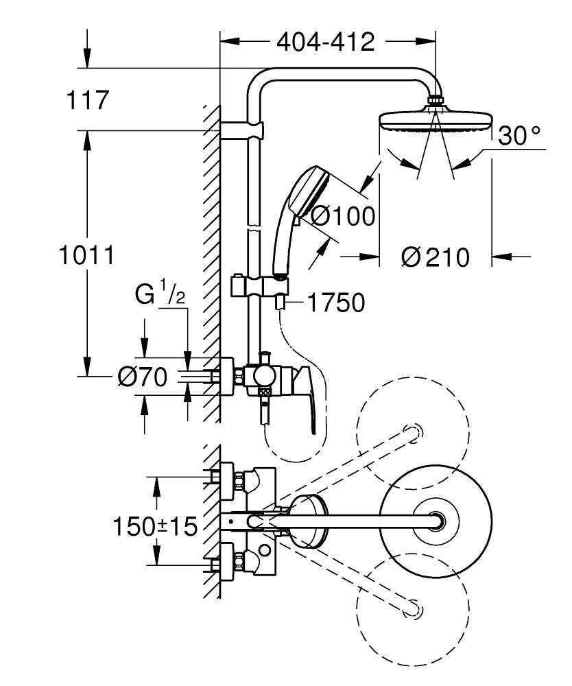 Душевая система GROHE Tempesta 210 верх. душ, руч. душ Cosmopolitan 100, шланг 1750 мм, наст. монта - фото 2 - id-p105438282