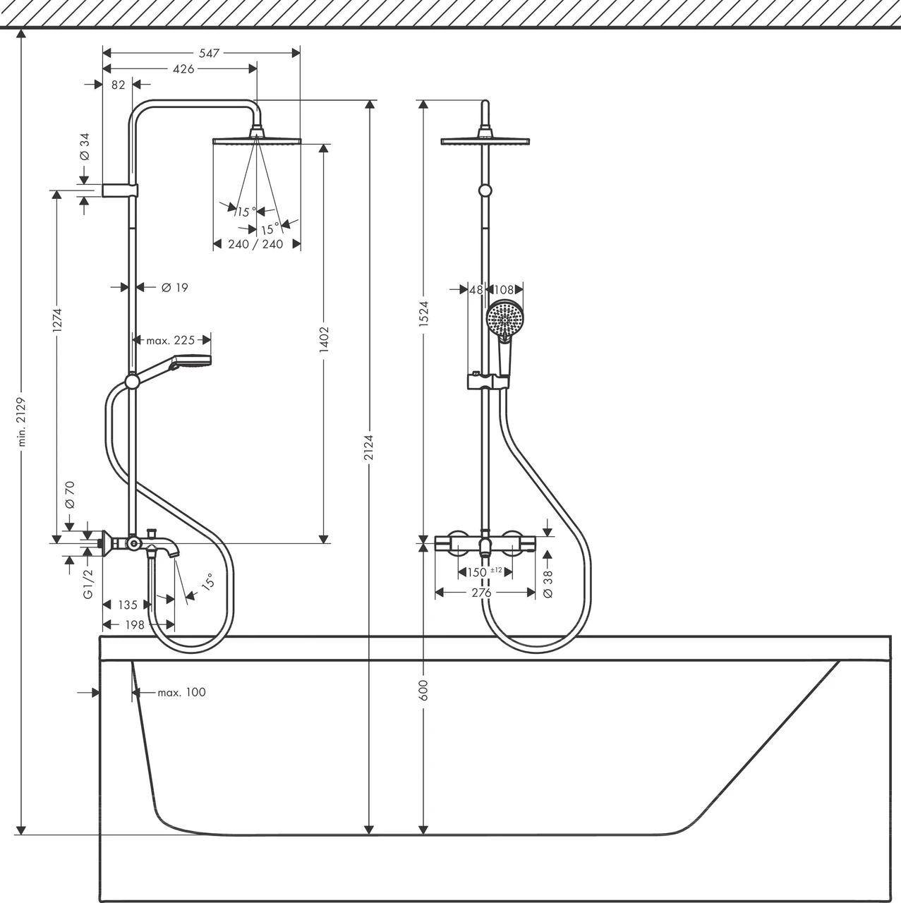 Душевая система с термостатом для ванны Hansgrohe Crometta S Showerpipe 240 26900670, черный - фото 3 - id-p115751654