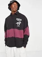ASOS DESIGN oversized tie dye rugby sweatshirt with chest print in black and burgundy