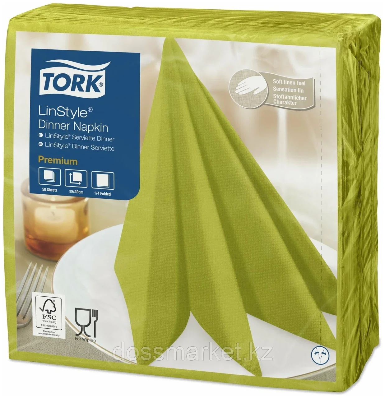 Салфетка для ужина Tork Premium LinStyle, 1-слойные, 50 шт., размер листа 39*39 см, фисташкового, цена за 1 уп