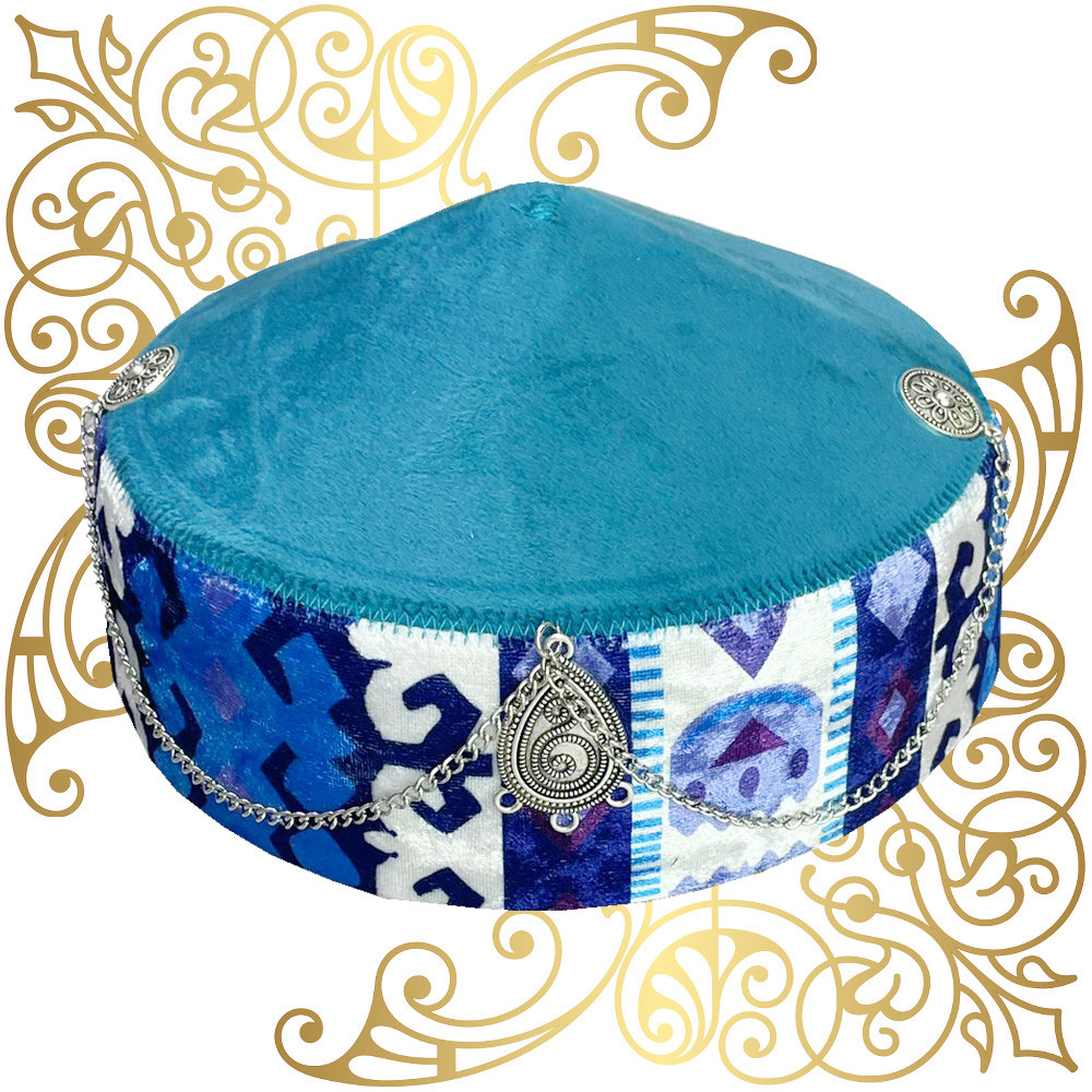 Женская тюбетейка казахская (тақия) с декором и орнаментом синяя