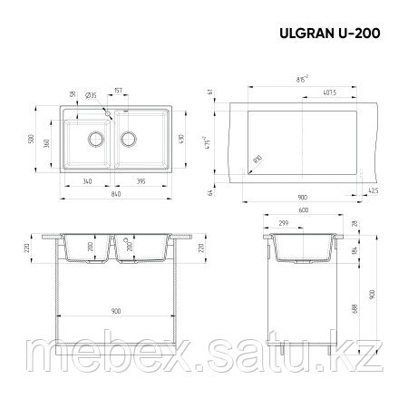Кухонная мойка ULGRAN U-200 двухсекционная с отверстием под смеситель - фото 3 - id-p115887856