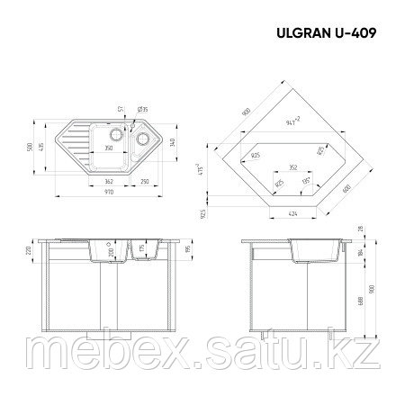 Кухонная мойка ULGRAN U-409 угловая двухсекционная с отверстием под смеситель - фото 3 - id-p115887900