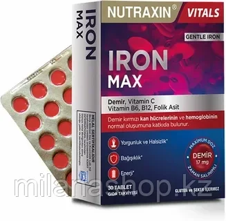 Nutraxin Iron Max 17 Mg ( Ирон Макс ) Demir, C Vitamini, B6 Vitamini, Folik Asit, B12  30 таб