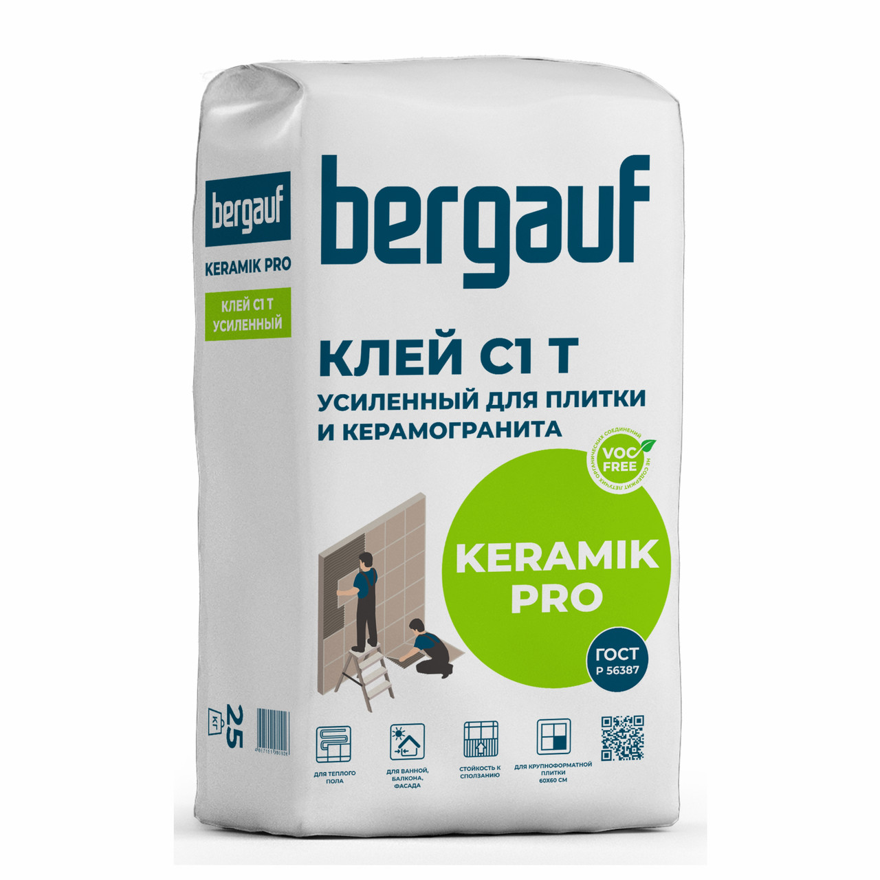 Клей усиленный KERAMIK PRO С1, для керамической плитки, 25 кг, Bergauf