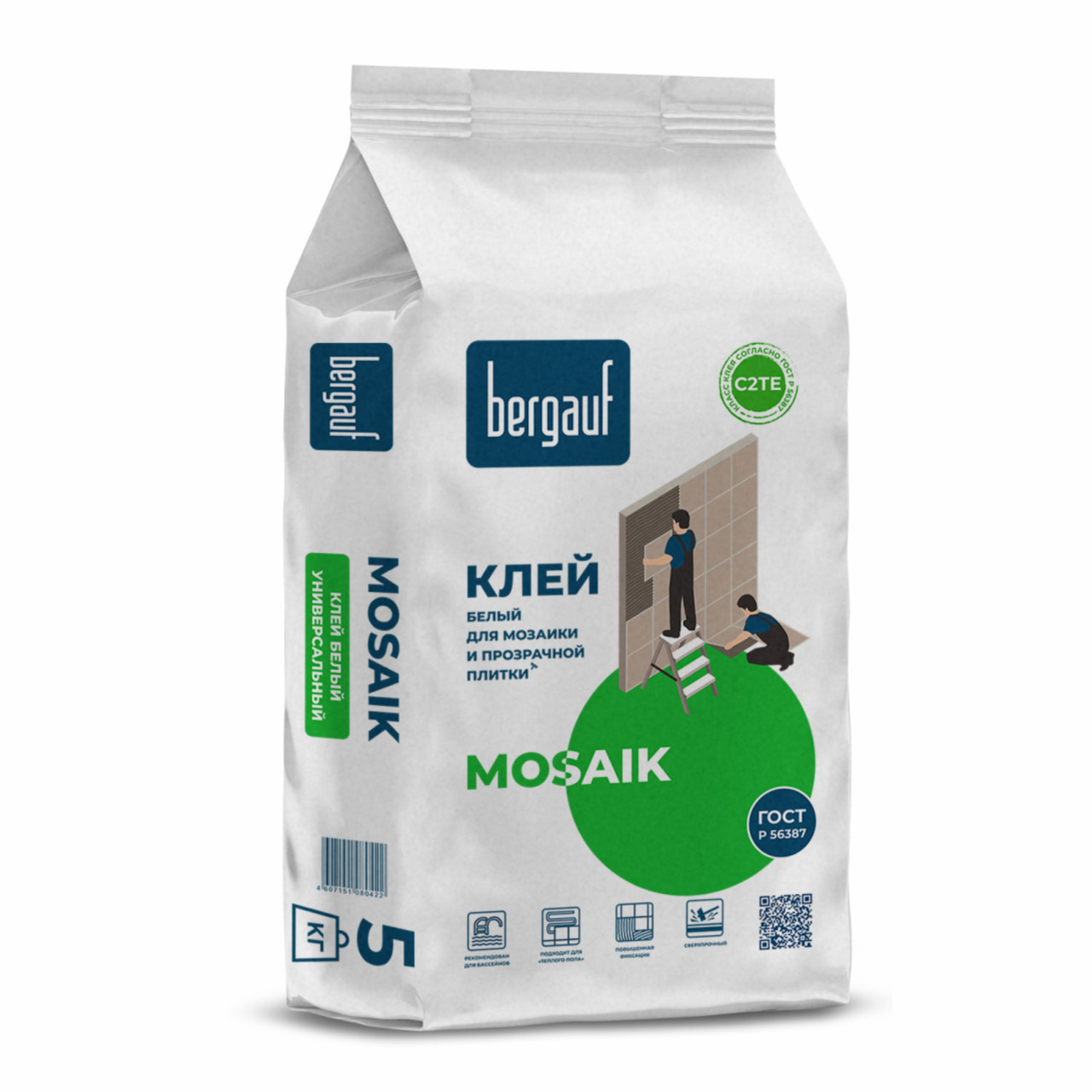 Белый клей MOSAIK для мозаики и прозрачной плитки, 5 кг, Bergauf