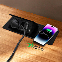 Shelbi Настольный бокс с беспроводной зарядкой, 2 розетки, 1 USB, 1 Type-C, шнур 1,5 м., чёрный