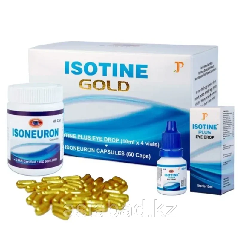 Айсотин Голд набор ( Isotine Gold Jagat Pharma ) Глазные капли 4х10 мл + 60 капсул, фото 1