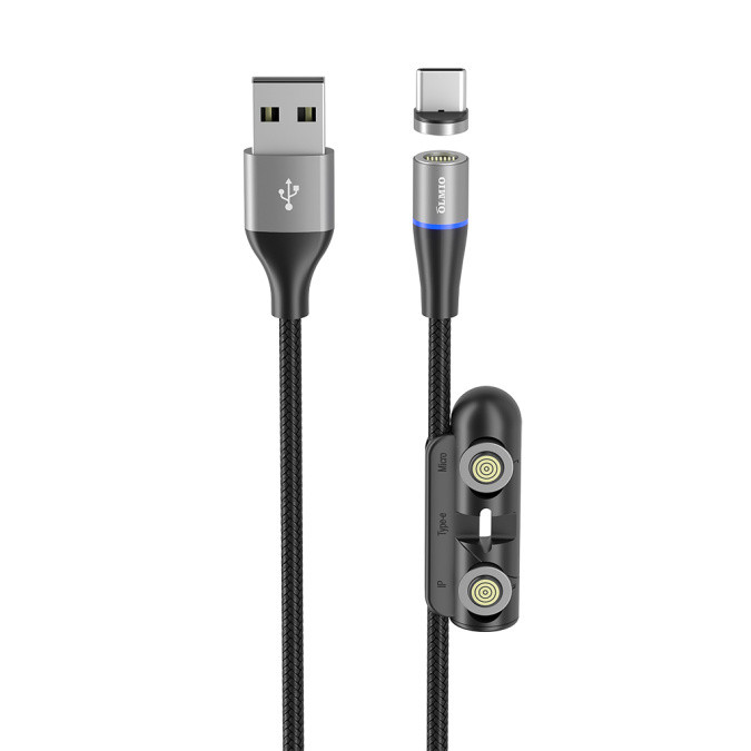 Olmio Deluxe Кабель MagCable 3in1, USB 2.0 - microUSB/typeC/8-pin, 1,2м, 3A, текстильная оплетка, черный - фото 1 - id-p115985873