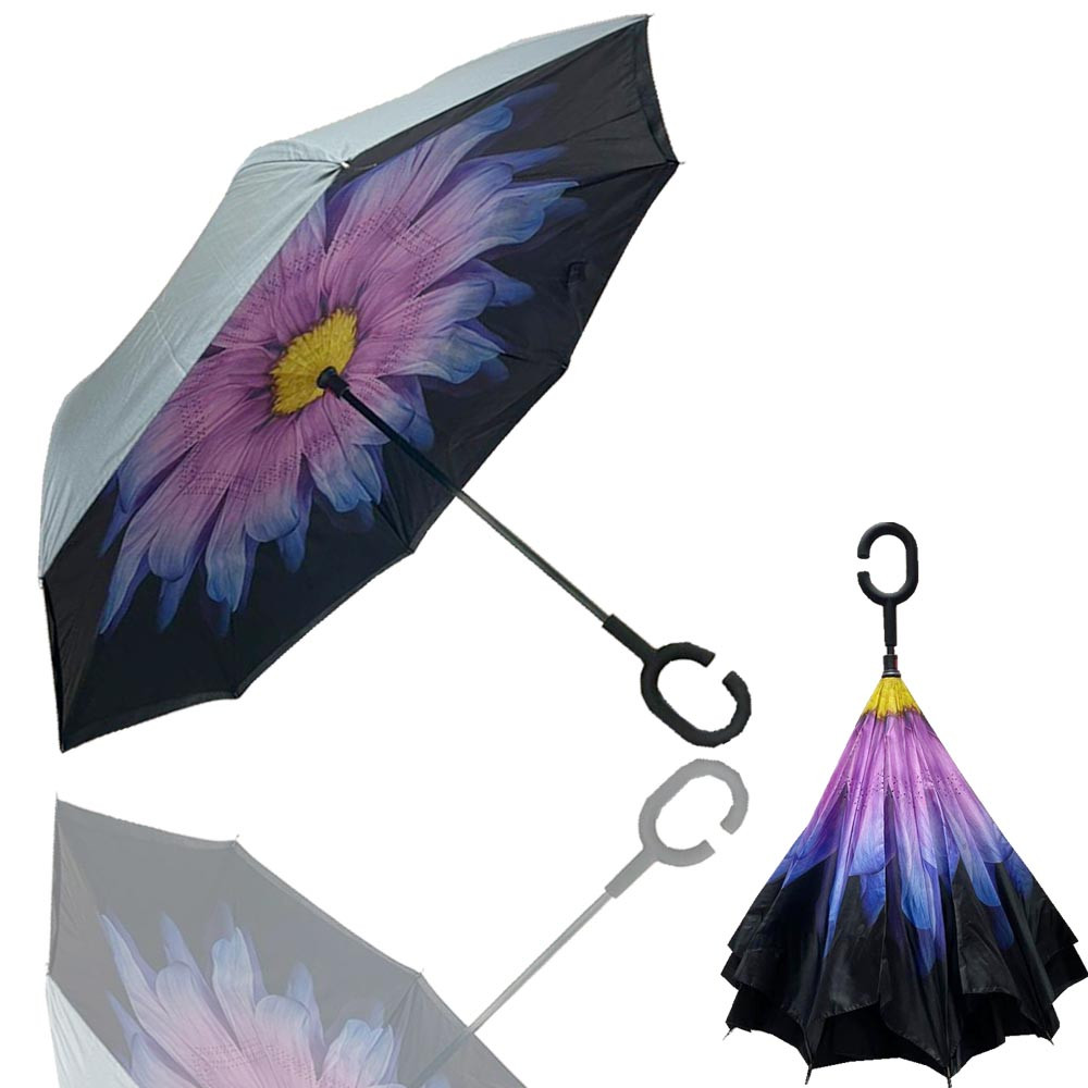 Зонт наоборот перевертыш механический 80 см фиолетовый цветок