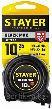 РУЛЕТКА STAYER BLACKMAX 10М/25ММ 2ФИКСАТОРА РЕЗИН.КОРПУС, фото 1