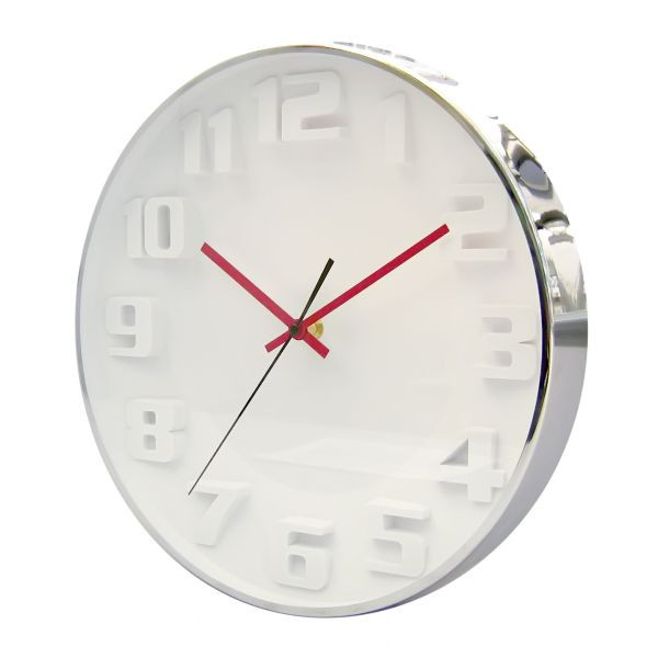 Часы d=33,7cм, круглые, хромированные, белый циферблат с цветными стрелками, без лого Tig