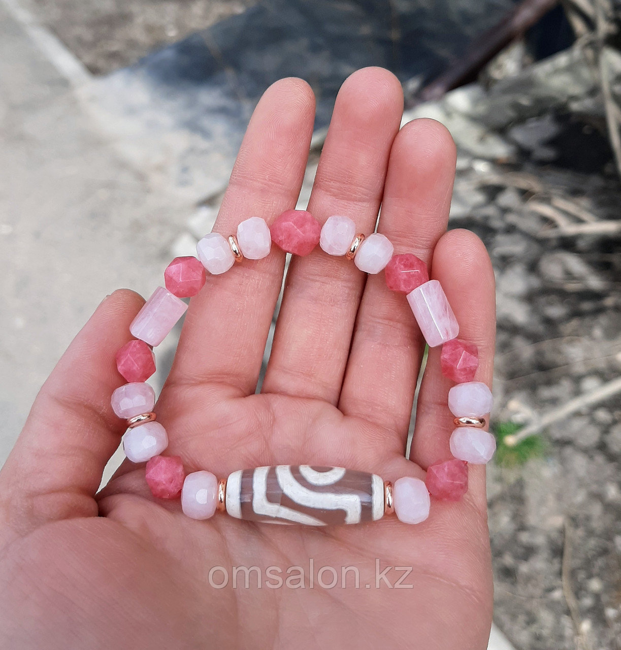 Браслет из розового кварца и родохрозита с бусиной Дзи 2 глаза, фото 1