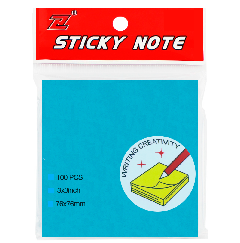 Клейкие листики "Sticky" 76 х 76 мм, неон-голубой, 100 листов