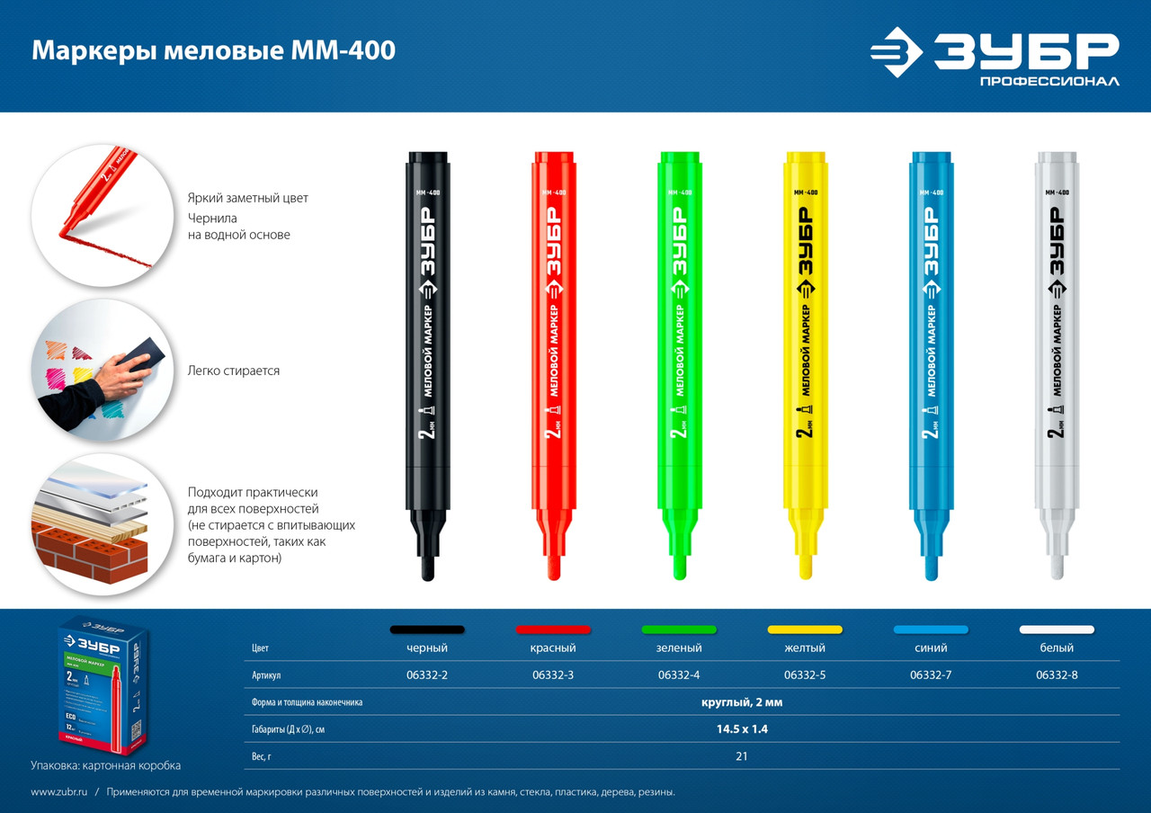ЗУБР ММ-400, зеленый, 2 мм, круглый, меловой маркер, Профессионал (06332-4) - фото 5 - id-p116098592
