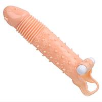 Насадка удлиняющая на половой член ребристая с вибропулей 21см