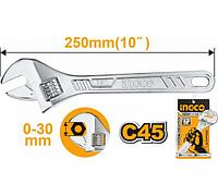 INGCO Ключ разводной 250 мм/ Регулируемый размер зева: 0-30 мм