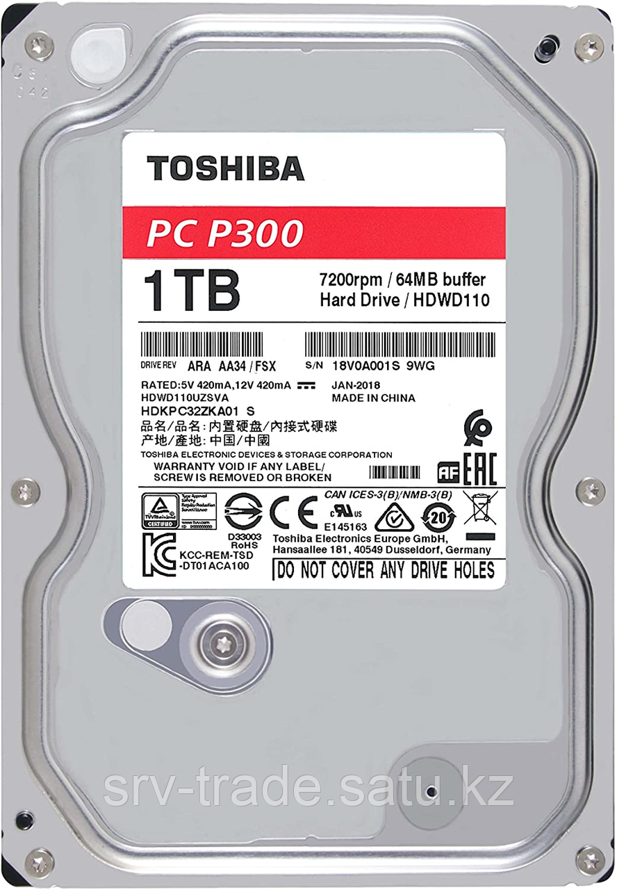 Жесткий диск HDD 1Tb TOSHIBA P300 SATA 6Gb/s 7200rpm 64Mb 3.5" HDWD110UZSVA - фото 5 - id-p114907553