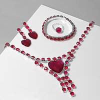 Набор 4 предмета: серьги, колье, браслет, кольцо "Сердце" в кругах, цвет розовый в серебре