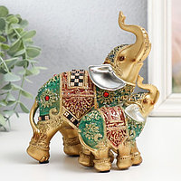 Сувенир полистоун "Слон со слонёнком - попона красно-зелёная с рубинами" 13,5х8,5х15,5 см