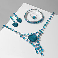Набор 4 предмета: серьги, колье, браслет, кольцо "Сердце" в кругах, цвет голубой в серебре