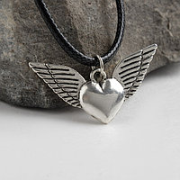Кулон на шнурке "Сердце" ангел, цвет чернёное серебро на чёрном шнурке, 45 см