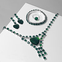 Набор 4 предмета: серьги, колье, браслет, кольцо "Сердце" в кругах, цвет зелёный в серебре