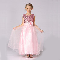 Платье с пайетками и цветочным поясом, нежно-розовое. От 3 до 7 лет.