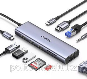 Конвертер Ugreen CM498 USB-C в 3 * USB 3.0 A/HDMI/VGA/RJ45/SD/TF/AUX3.5mm/PD/15601 - фото 1 - id-p116139153