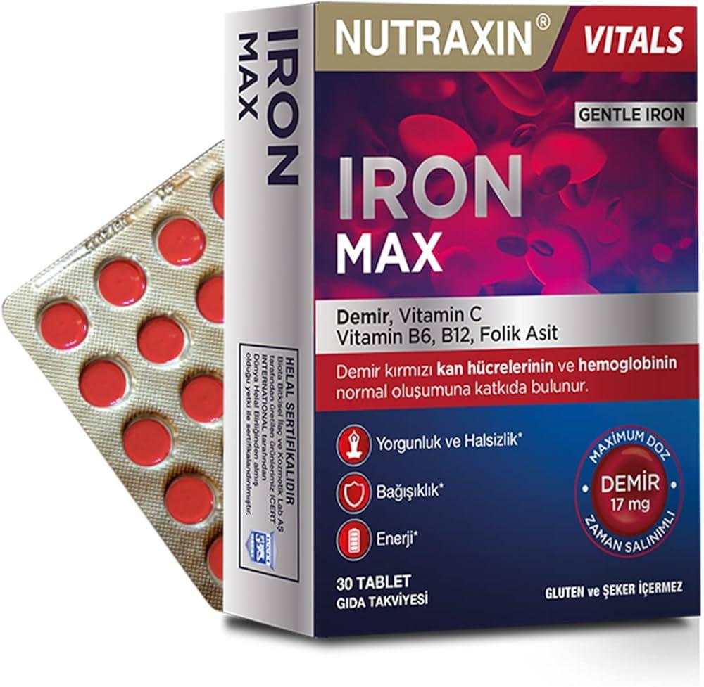 Nutraxin Iron Max 17 Mg ( Ирон Макс ) Demir, C Vitamini, B6 Vitamini, Folik Asit, B12 30 таб - фото 1 - id-p116146122