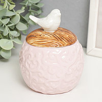 Шкатулка керамика круглая "Белая птичка" розовый 9х9х12,5 см