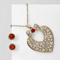 Гарнитур 2 предмета: серьги, кулон "Сердце" леди, цвет красно-белый в золоте, 48 см
