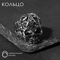 Кольцо "Перстень" череп с символикой, цвет чернёное серебро, безразмерное